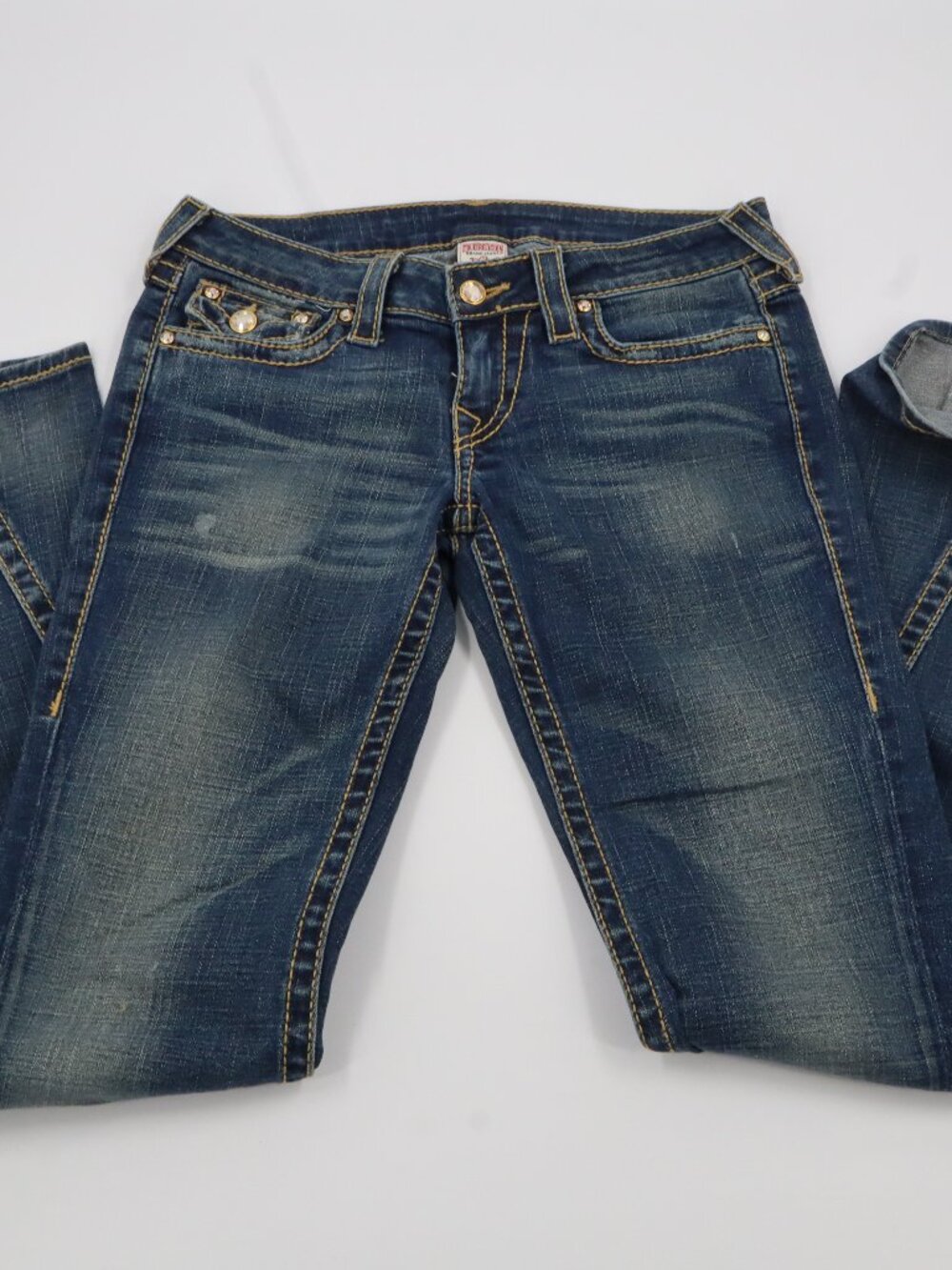 True Religion Flare Jeans Womens 28‎ Blue Crystal Contrast Stitch Low Rise USA